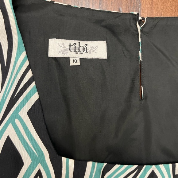 Tibi Shift Dress Size 10 Geometric Pattern Black White Teal 100% Silk Business - Picture 11 of 16
